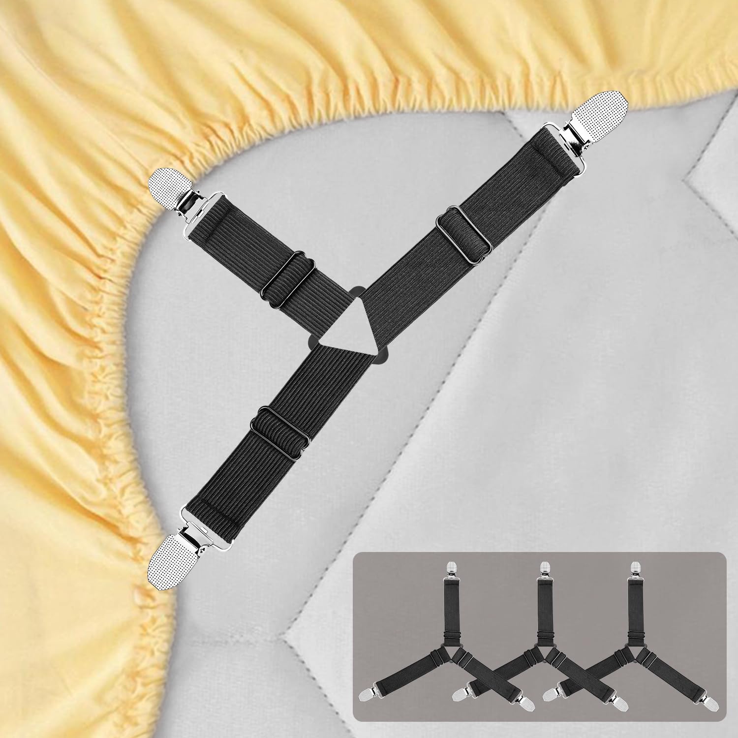 Photo 1 of 4pcs Bed Sheet Straps Holders, Adjustable Non Slip Elastic Bedsheet Grippers Triangle Mattress Suspenders, Keep in Place Fitted Bed Sheet Holders for Corners, Sofa Cushion, Mattress Cover Straps Black