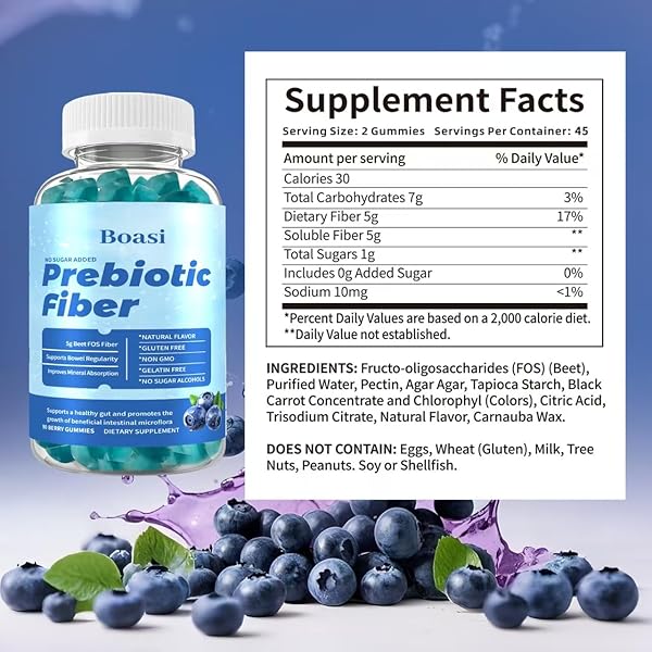 BOASI PREBIOTIC FIBER GUMMIES FOR ADULTS,DIGESTIVE HEALTH,VEGAN GLUTEN FREE FIBER GUMMIES,SOLUBLE DIETARY FIBER SUPPLEMENTS