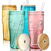 ANOTION Colored Glass Cups with Lids and Straws - 24oz Travel Coffee Mug Wide Mouth Mason Jar Iced Coffee Cup Smoothie Cup Glass Tumbler Tea Cup Clear Cute Water Cups Colorful Drinking Glasses