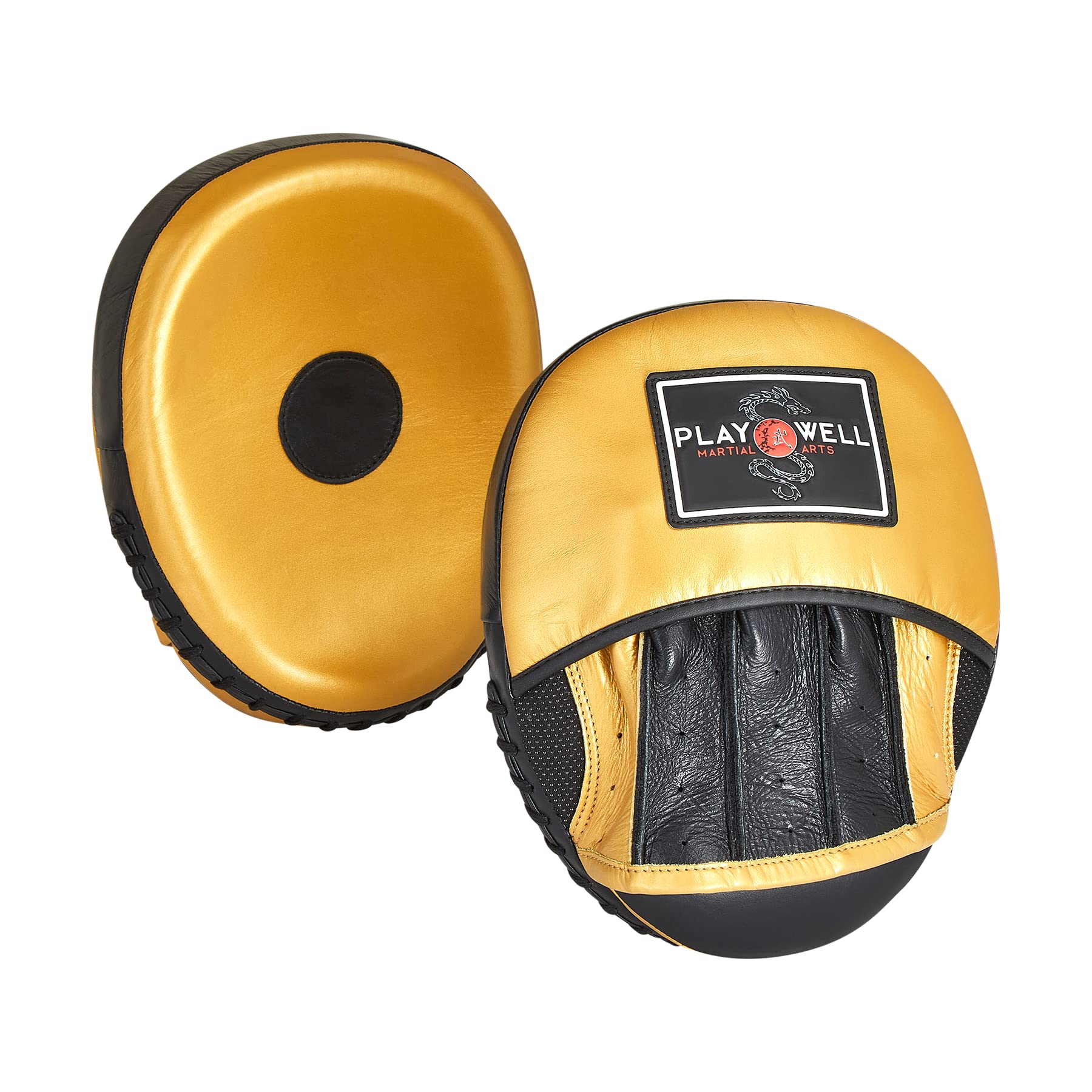 Playwell Premium Range: Gold Genuine Leather Champion Boxing Focus Pads - Black/Gold - PAIR