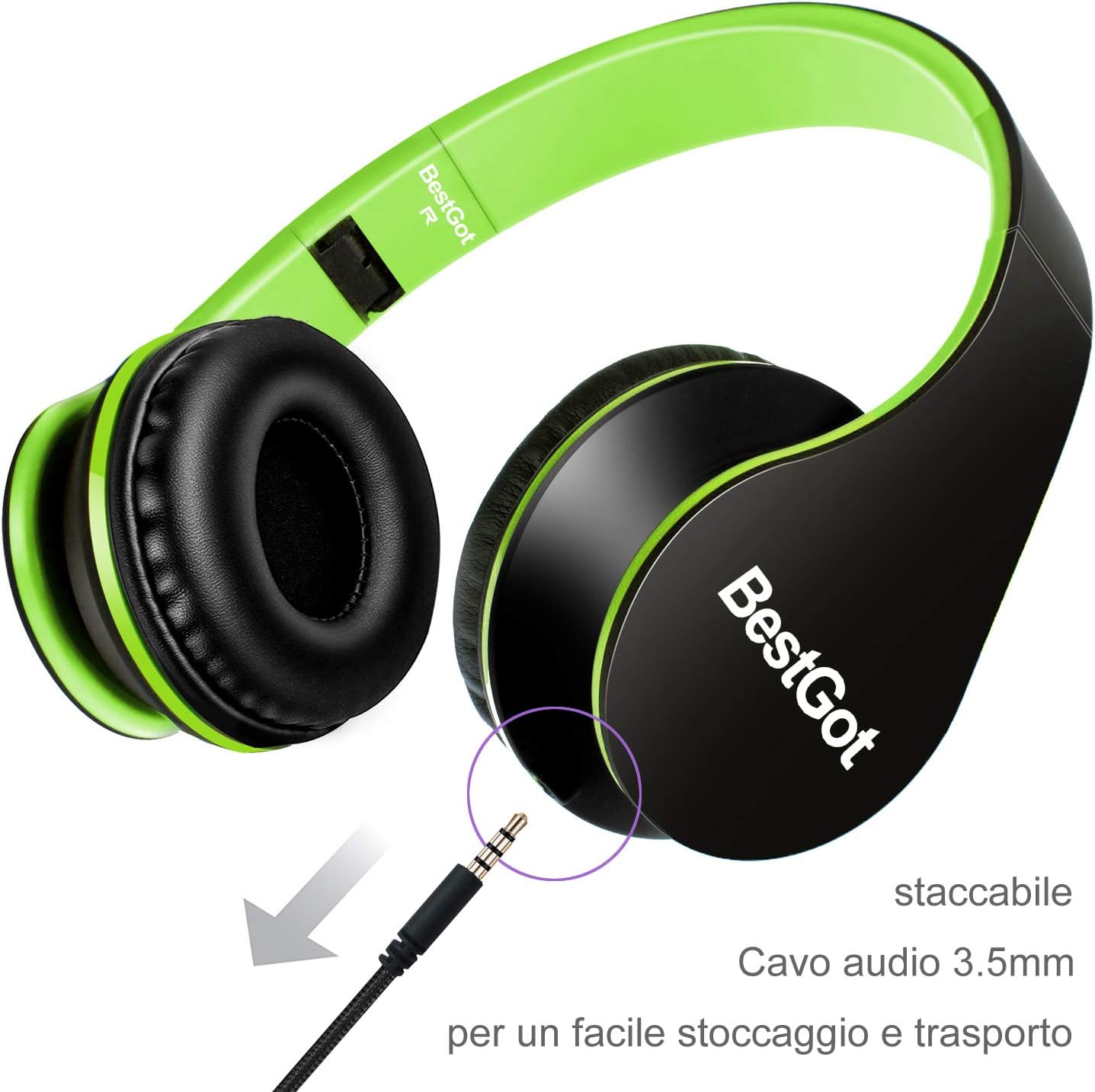 BestGot Kids Headphones for Childrens Wired with Microphone with Detachable 3.5mm Cable (Black/Green) - Image 3