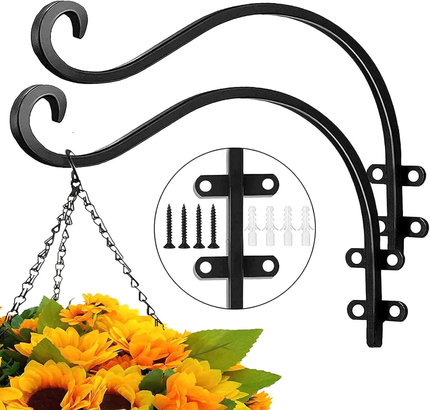 Outdoor Hanging Brackets - EPHECH 2Pack Heavy Duty Plant Hanger Hook for Outdoor and Indoor, 16Inch Wall Hanging Basket Bracket, Black Metal Outdoor Hanging Bracket for Hanging Flower Pot Bird Feeder Lanterns