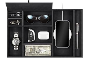SITHON Desk Organizer - Eight Compartments Universal PU Leather Tray Cosmetic Tray Coin Key Box Jewelry Organizer Black