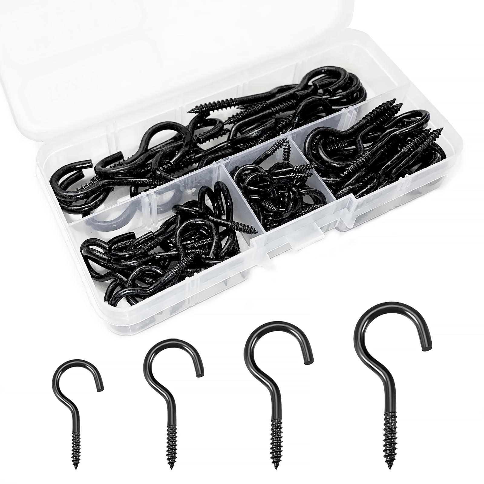 FINEASY 80 Pcs Screw in Hooks, Cup Hooks, Metal Ceiling Hooks with Plastic Case, Outdoor Hooks, Ceiling Hooks for Hanging Plants, Hanging Heavy Duty, Outdoor Indoor - 4 Sizes Black