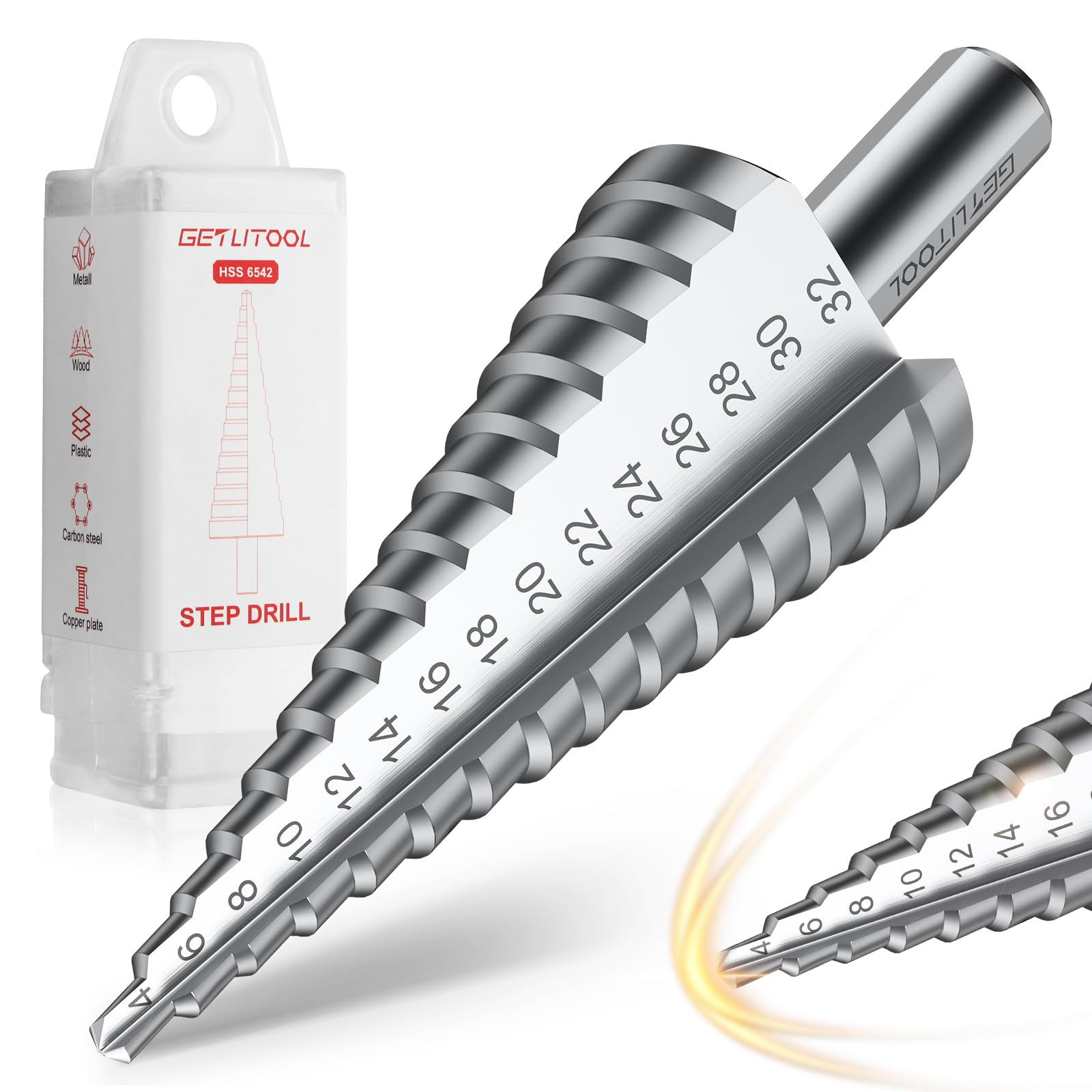 GETLITOOL Step Drill Bit Set 4-32mm, 15 Sizes High-Speed Steel Titanium Coated Spiral Flute Bit, Multi-Purpose Hole Cutter for Metal, Wood, DIY & Construction, Tools for Men