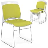 VINGLI Stackable Plastic Mesh Padded Chairs for Office Set of 4, Green | Stacking Chairs with Metal Sled Base, Ergonomic Plastic Pad Seat &amp; Back, Waiting Banquet Guest Break Room, Easy to install