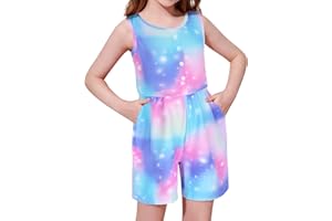 Girls Summer Romper Sleeveless Crew Neck Jumpsuit Short Outfits with Pocket One Piece Casual Clothes Elastic Waist
