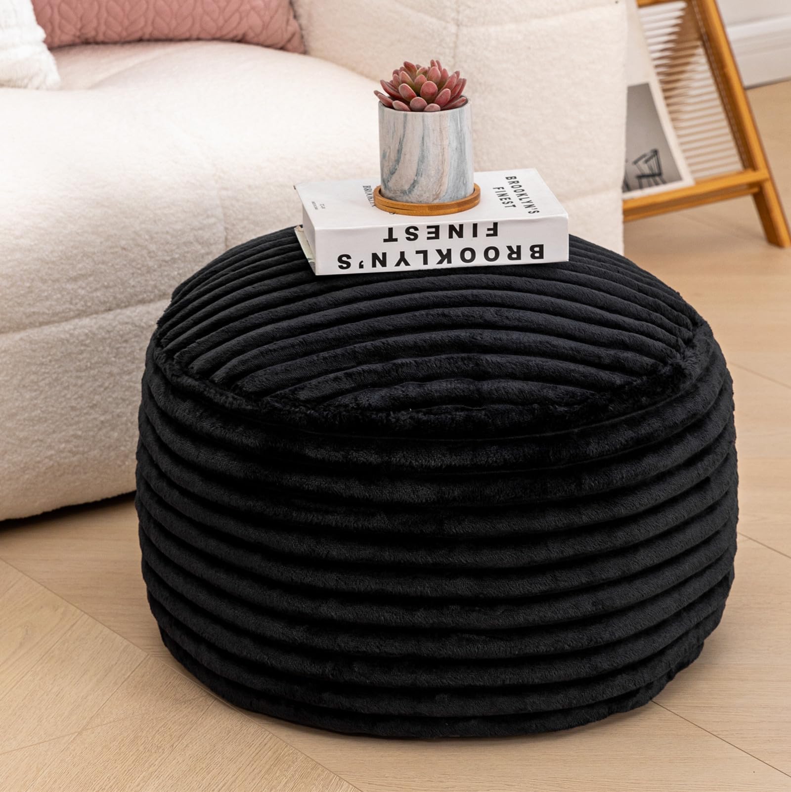 Photo 1 of Asuprui Pouf Ottoman Unstuffed Ottoman Foot Rest Floor Pouf 20x20x12 Inches Round Bean Bag Chair Foldable Floor Chair Storage for Living Room Bedroom Black Stripe