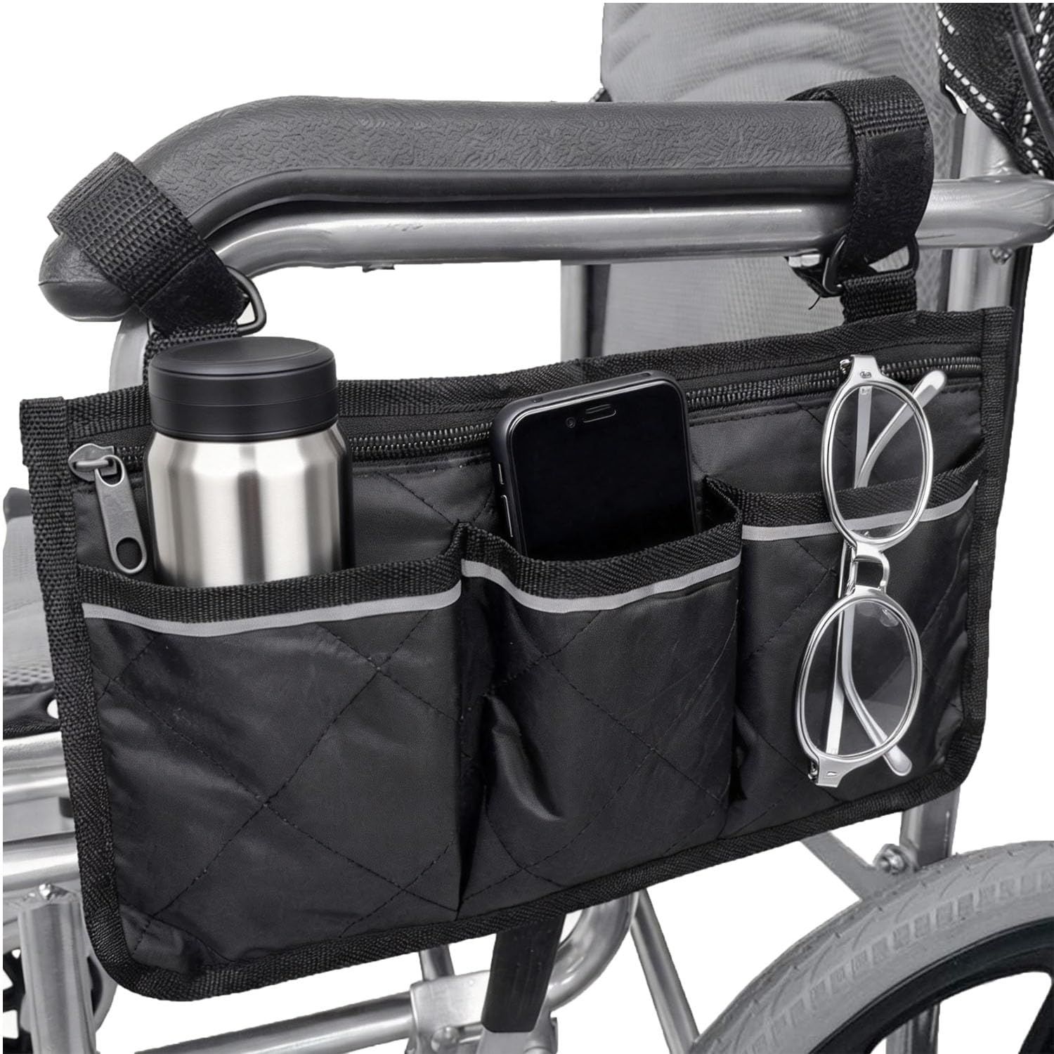 ITODA Wheelchair Side Bag with Reflective Strip, Waterproof Wheelchair Scooter Bag Armrest Storage Pouch Mobility Aid Universal Wheelchair Bag for Wheelchairs, Walkers, Armchairs
