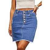 Sidefeel Women's Jean Skirt Stretchy Ripped Frayed Button Fly Summer Denim Skirt