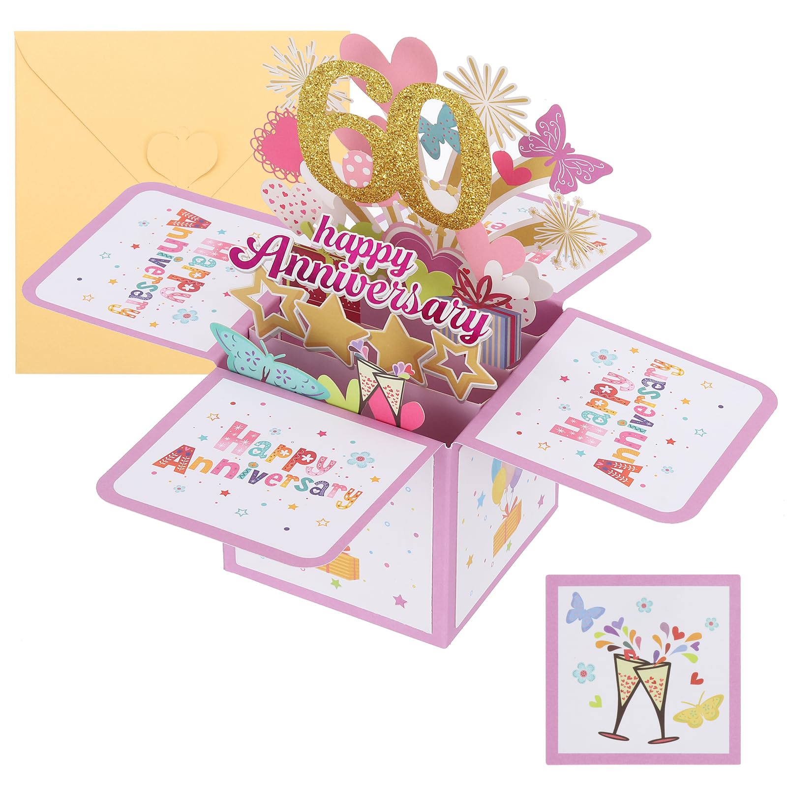 PATIKIL 60 Year Anniversary Card, Happy Anniversary Cards Wedding Anniversary Card for Wife Men Her Couple, Pink