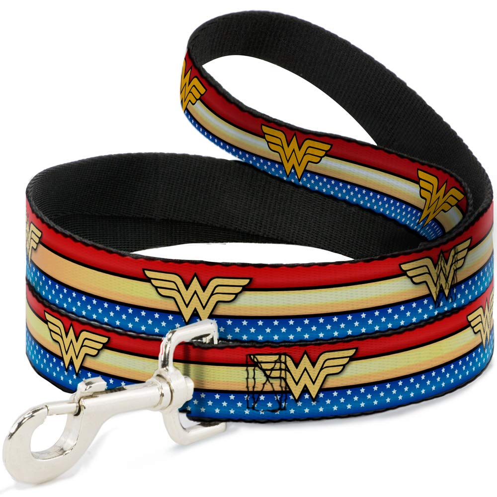 Dog Leash Wonder Woman Logo Stripe Stars Red Gold Blue White 4 Feet Long 0.5 Inch Wide