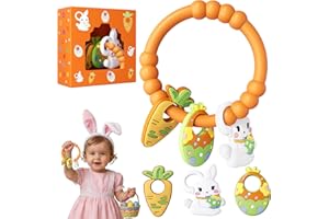 Easter Baby Teething Ring Toys for Baby, Silicone Teether with Textured Carrot, Bunny and Egg, BPA-Free, Safe and Soft for Chewing, Teething Toys for Easter Basket Stuffers&Easter Gifts, 0-12 Month