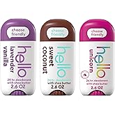 hello Deodorant Variety Pack, Aluminum Free Deodorant for Women and Men with Shea Butter, Lavender Vanilla, Sweet Coconut, Unicorn, Baking Soda Free, 3 x 2.6 oz Sticks