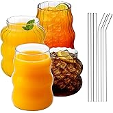 MAQUITA 4 Pcs Ribbed Glass Cups with Glass Straw, Vintage Drinking Glassware with Wave Shape Design, Bubble Cups for Iced Coffee, Juice, Beverage, Milk, Cocktails, Bubble Tea, and More