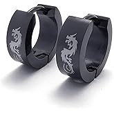 Jonline24h Mens Unique Stainless Steel Dragon Huggie Hinged Hoop Earrings Set, 2pcs, Color Black