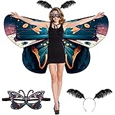 Rngmsi Moth Wings Costume for Women - Green Double-Sided Printing Fairy Moth Wing Shawl with Black Feather Headband Butterfly Mask Set, Cosplay Costume Halloween Party Dress Up Daily Photo Prop