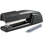 Bostitch Office Epic Metal Desk Stapler, 25 Sheet, Staple Remover, Black | Die-cast body opens 180 degrees for bulletin boards, with a temporary stapling option and a hidden slot for backup fasteners.