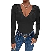 Am Direct Women's Long Sleeve Lace V-Neck T-Shirt Fall Ribbed Knit Stretch Fitted Sweaters Casual Going Out Y2K Trendy Tops