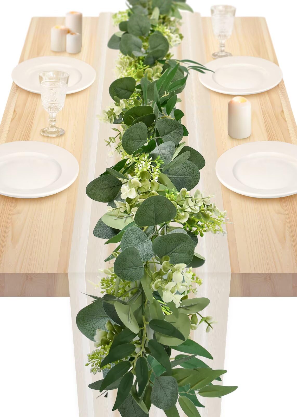Photo 1 of IWNTWY 6Ft Eucalyptus Garland, Artificial lvy Greenery Vines with Flower Gypsophila Willow Leaves for Home Wedding Party Table Runner Centerpiece Decor