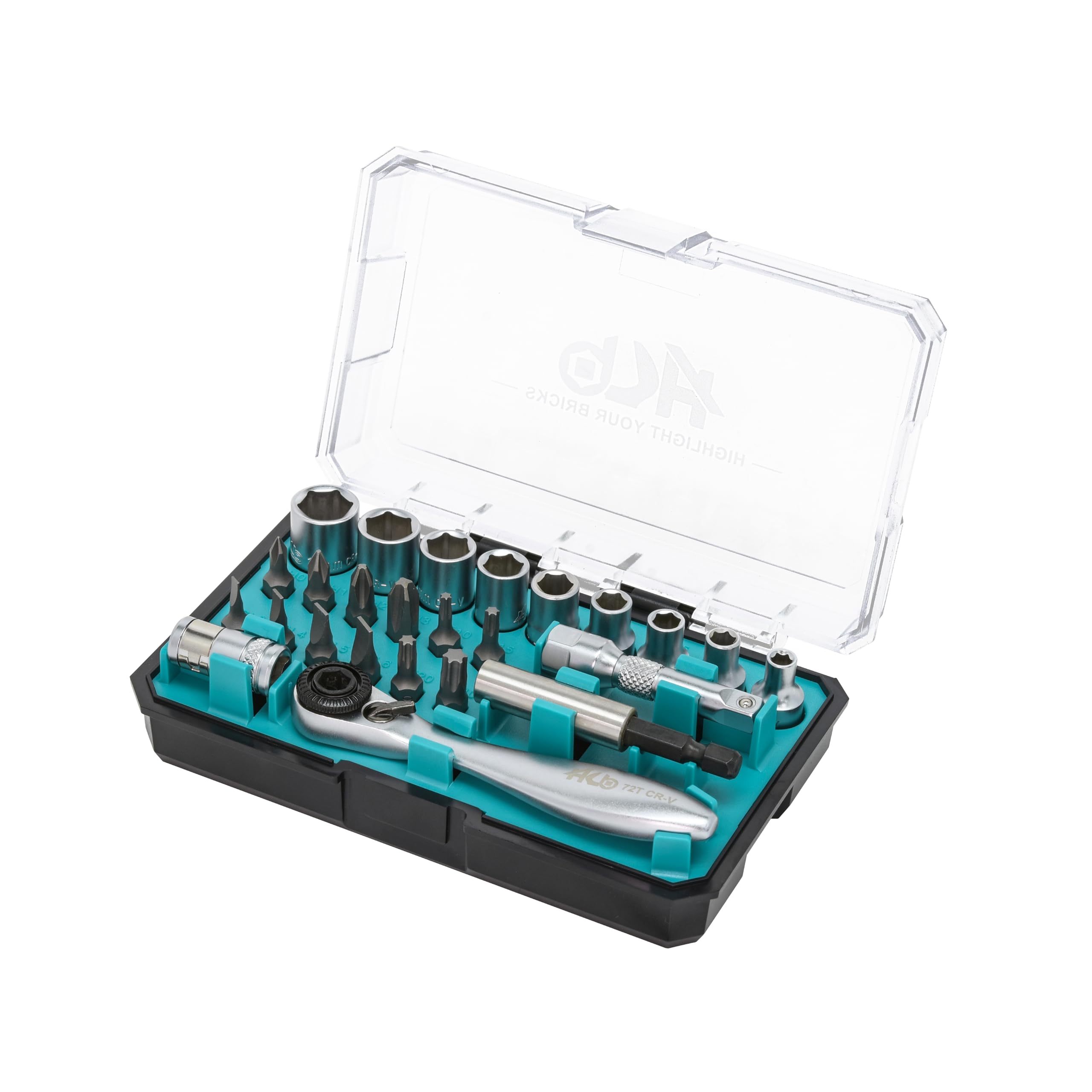 HB Mini 72-Tooth Ratchet Handle 1/4 Inch Drive with Magnetic Bit Holder 25 Piece Socket and Bit Set Reversible Quick Release Chrome Vanadium Steel Portable Case Made in Taiwan AKM027-G
