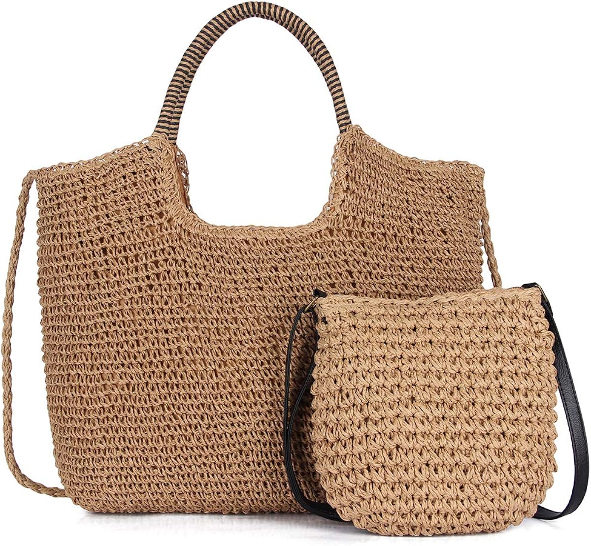 Angel Barcelo Hand-Woven Straw Large Hobo Bag for Women Round Handle Ring Toto Retro Summer Beach Straw Bag with a Clutch Bag