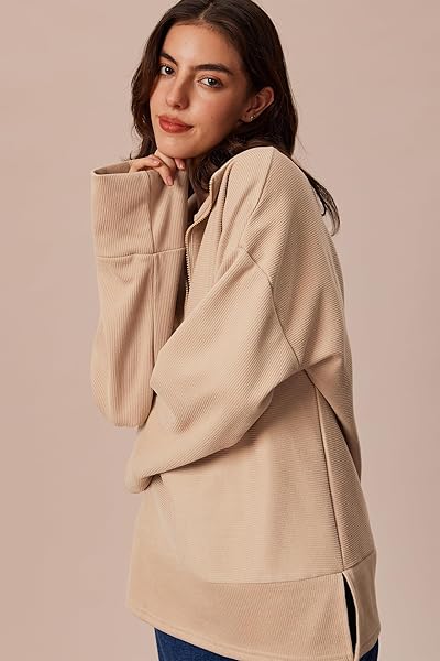 LANMIA WOMEN’S OVERSIZED 1/4 ZIP COLLAR PULLOVER SWEATER LONG SLEEVE SPLIT HOODIE SWEATSHIRTS KNITTED RIBBED CASUAL JUMPER TOPS (KHAKI,S)