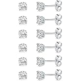 MDFUN Hypoallergenic CZ Stud Earrings Set for Women/Men,6 Pairs 18K Gold Plated Round 3-8mm Clear Cubic Zirconia Earring Pack Jewelry Gift
