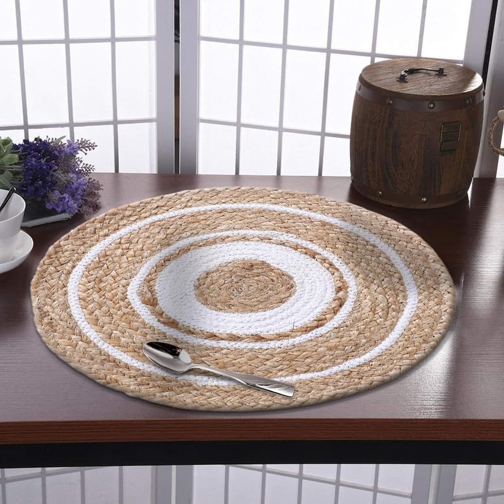 Photo 1 of 100% Jute Area Rug Approx 2 Feet - Braided Design Hand Woven Natural White Rings Carpet - Home Decor for Living Room Hallways - Round Natural Fibers 24" inch