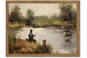 INCH SUNSHINE ART Vintage Wall Art, Boy Fishing Wall Decor Paintings, Dog and Boy Landscape Canvas Prints Vintage Country Farmhouse Artwork for Bedroom Living Room 10x8 inch Wood Framed