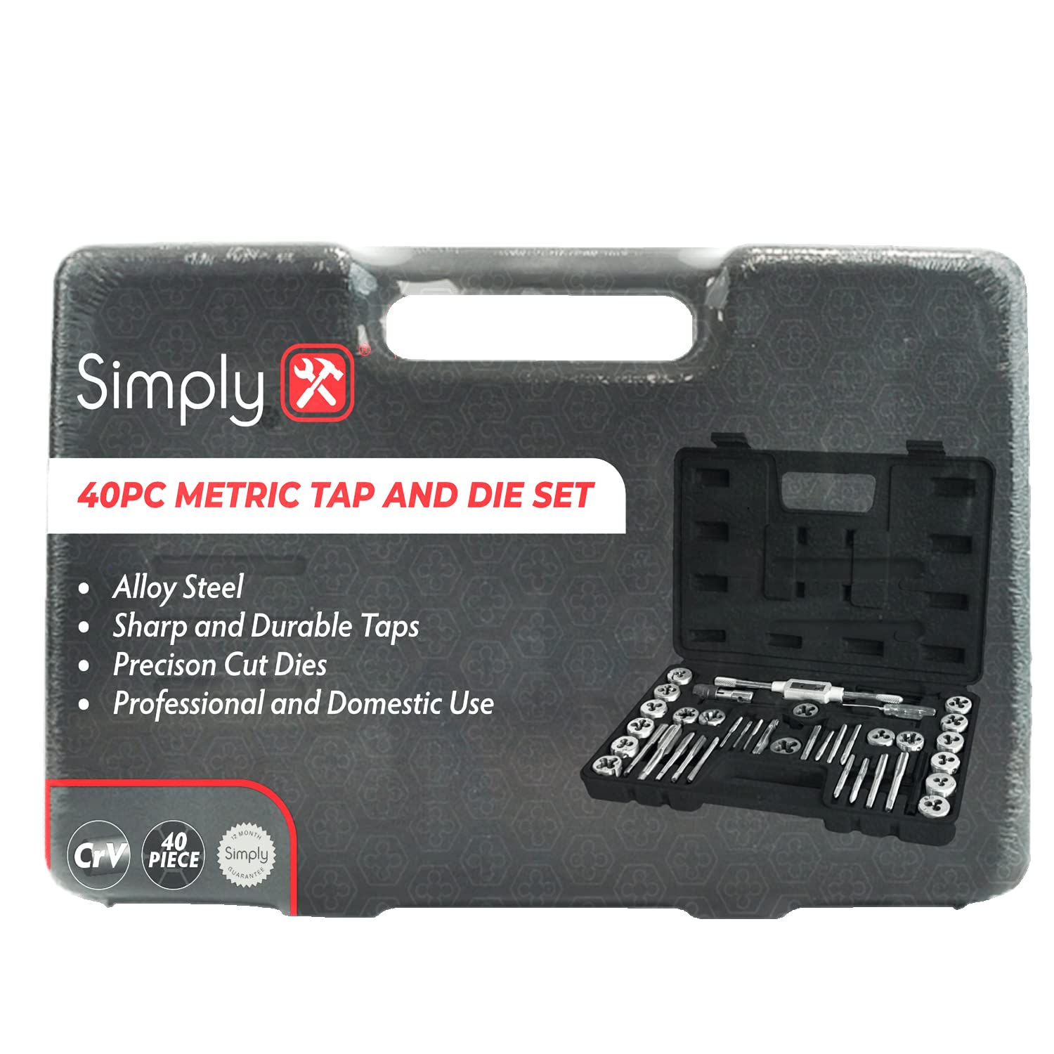 Simply TSET29 40 Piece Metric Tap & Die Set with Carry Case - Chrome Vanadium - Multiple Sizes