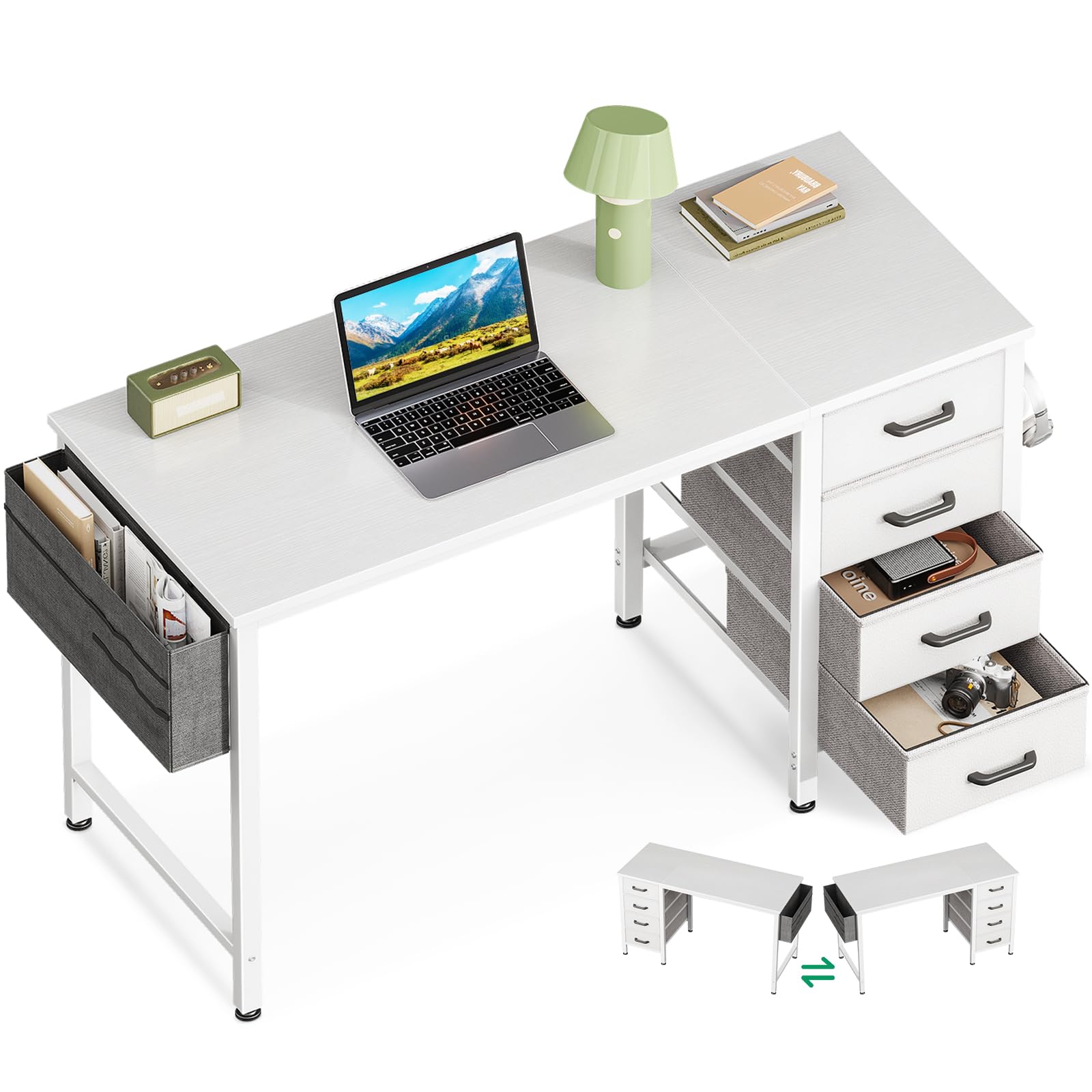 Photo 1 of Casaottima 40-Inch Small Desk with 4 Fabric Drawers, Compact Study Desk for Students and Kids, Space-Saving Work Table for Bedroom or Small Spaces, White