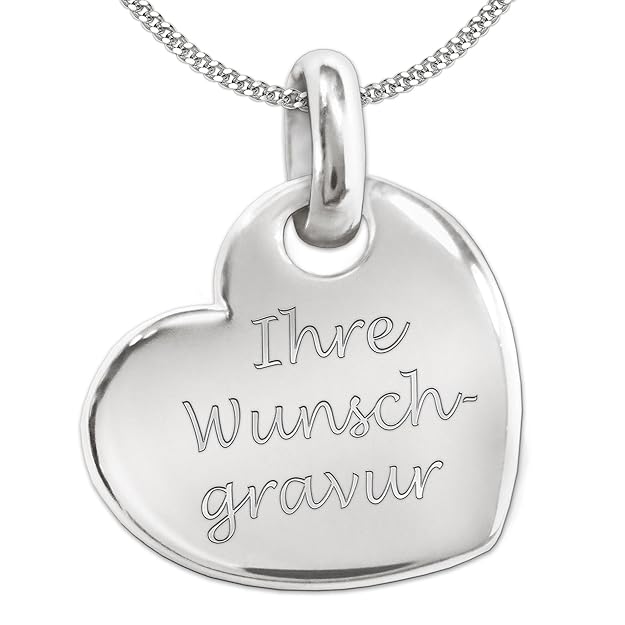 Clever Schmuck Set mit Gravur: Silberner Anhänger Großes Herz 21 x 20 mm seitlich hängend hochglänzend und Kette, alles STERL