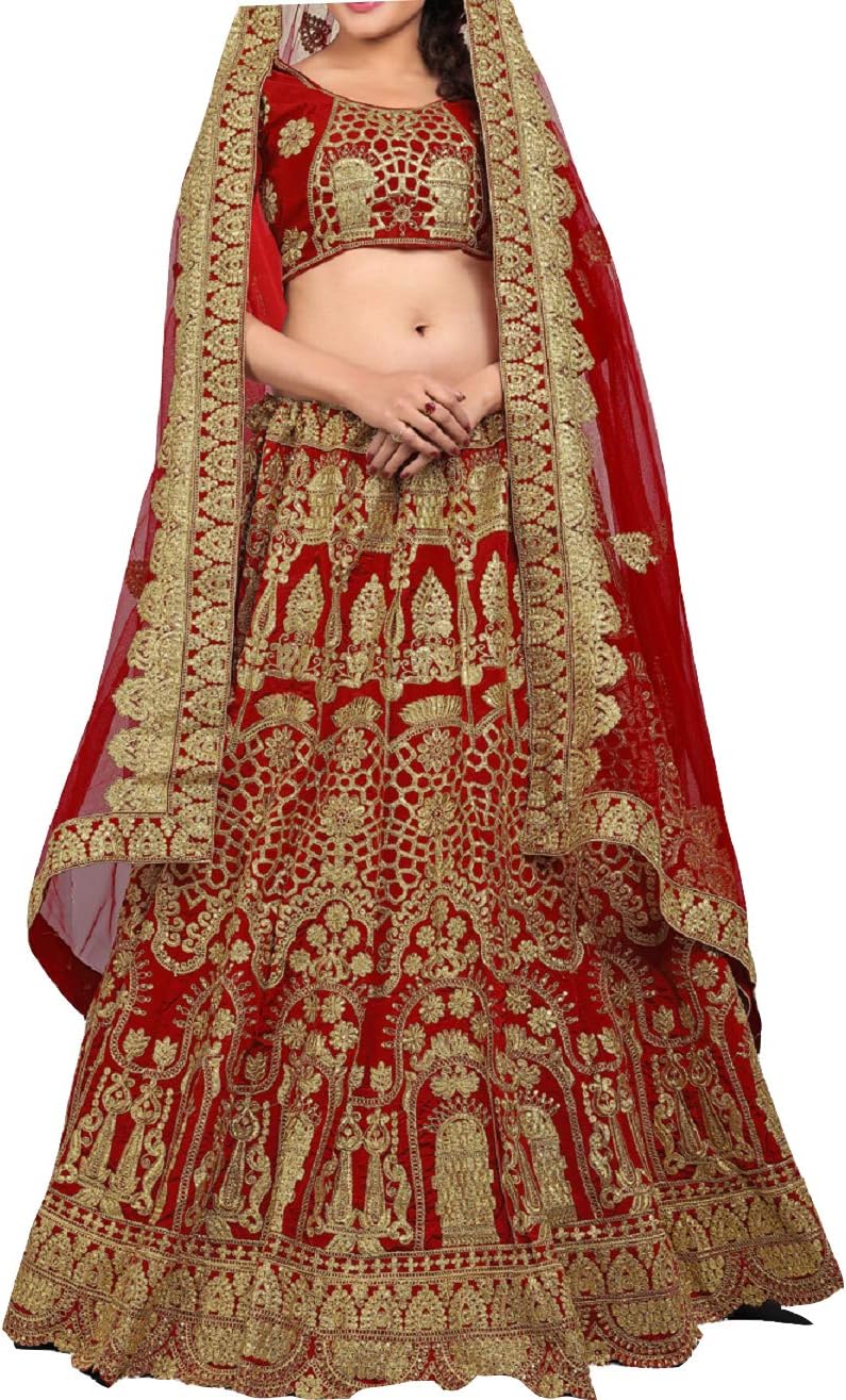 kfgroup Bollywood Designer Women's Readymade Stitched Red Net and Silk Embroidery Heavy Lengha Choli
