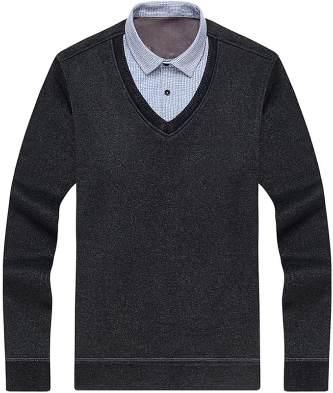 Duyang Men's Fake Two Pieces Shirt Collar Pullover Sweaters Slim Fit