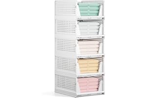 Mavivegue 5 Pack Stackable Closet Storage Basket,Stackable Plastic Drawer Basket,Stackable Storage Bins For Clothing,closet organizer Cupboard,Bedroom, Kitchen, Bathroom, Office White