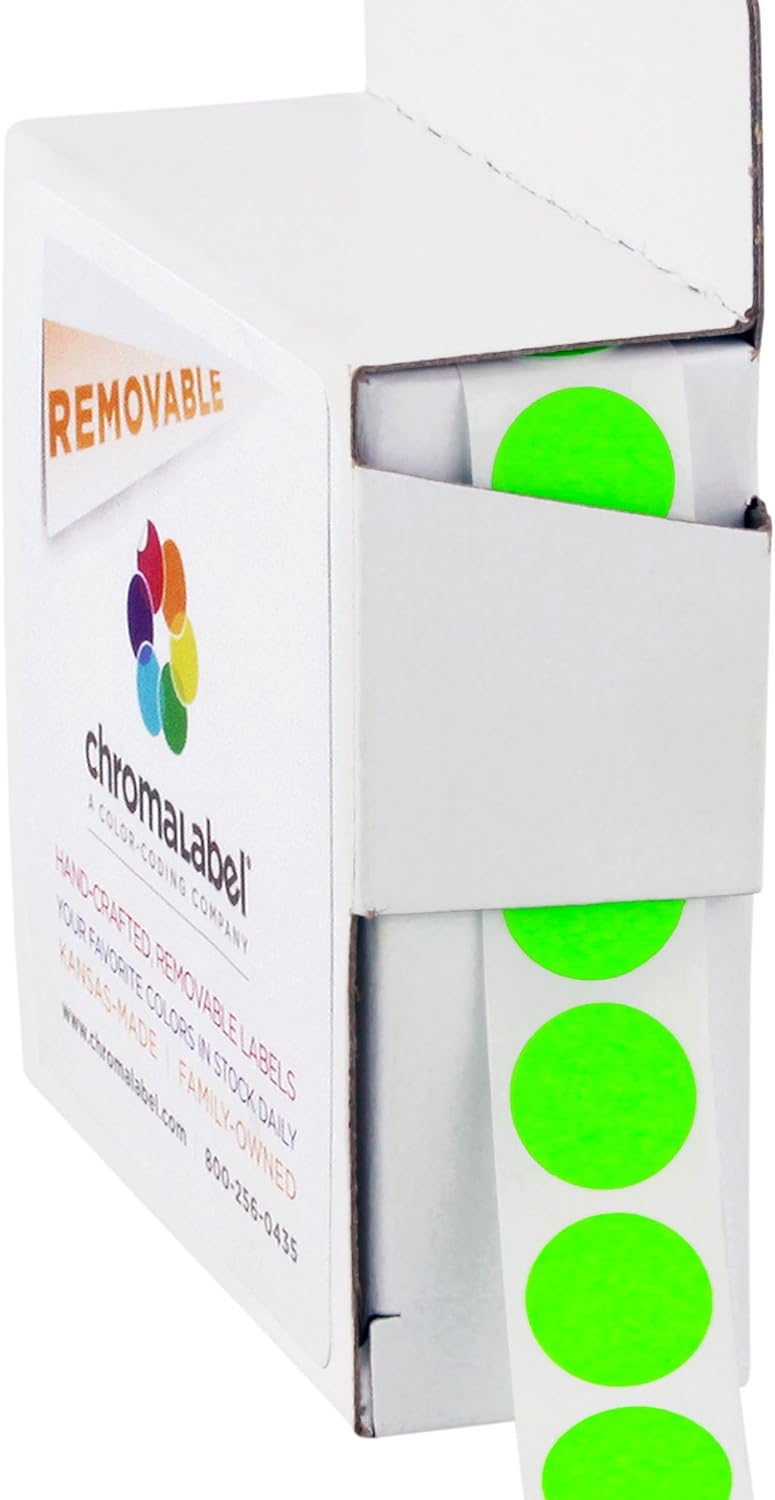 ChromaLabel 1/2 Inch Round Removable Color-Code Dot Stickers, 1000 per Dispenser Box, Fluorescent Green : Office Products