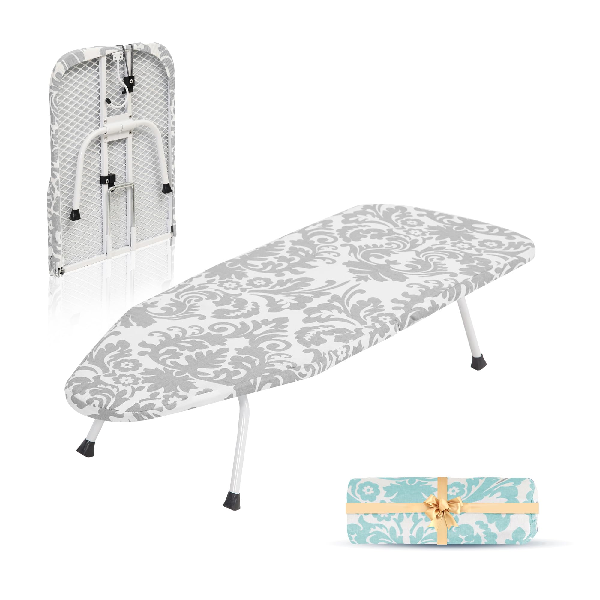 Photo 1 of STORAGE MANIAC Tabletop Ironing Broad, All Iron Frame Mini Folding Ironing Broad with 2 Removable Cover, Portable Small Iron Mat with 7 mm Thick Pad for Laundry Room, Dorms - Silver & Blue Flower