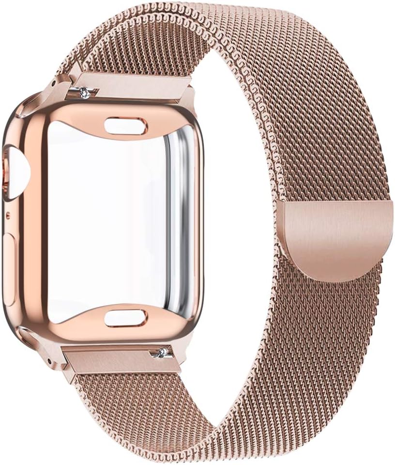 KEOLUS Compatible for Apple Watch Band 38mm 40mm 42mm 44mm with Screen Protector, Soft TPU Protective Case with Stainless Steel Mesh Loop Replacement for iWatch Band Series 5 4 3 2 1