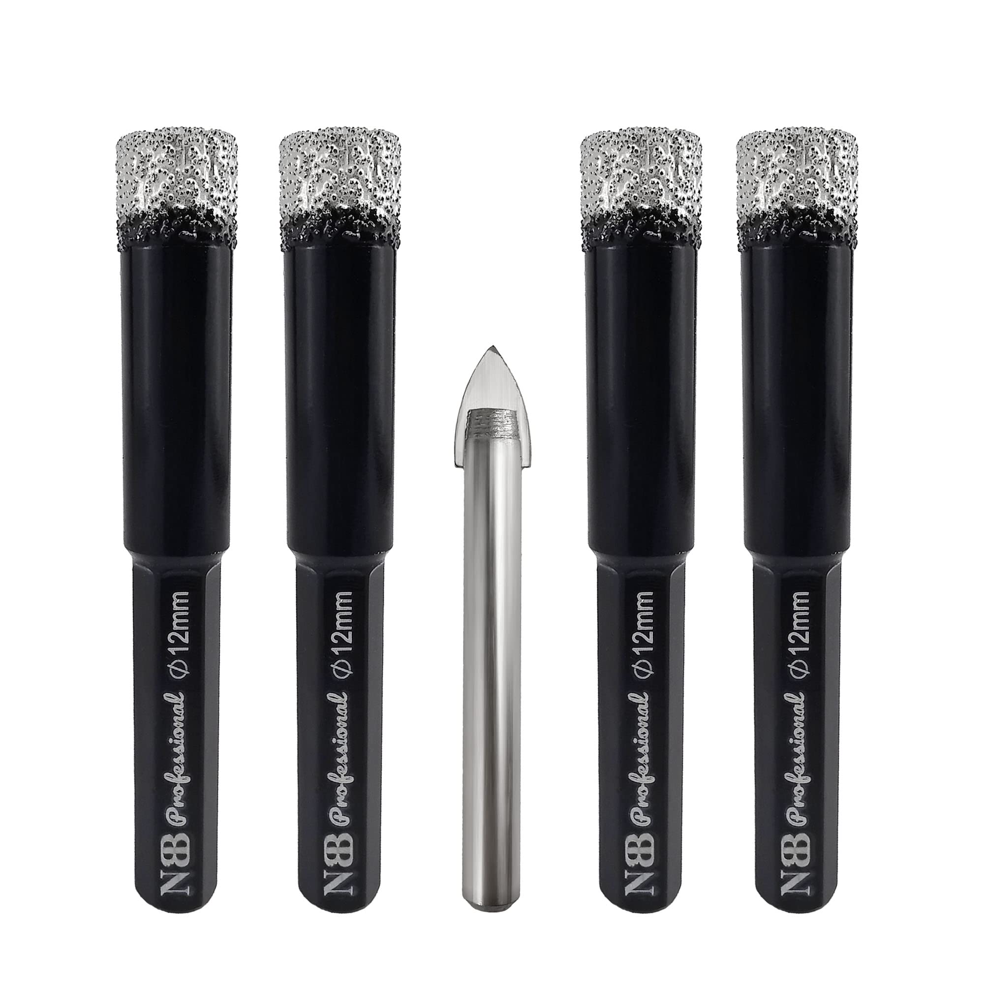 NBB Brazed Diamond Drill Bits with hex shank, for Dry drilling on hard Porcelain, Ceramic, Tile, Granite, Marble, extra life in wet, used on cord or cordless pistol drill (12mmx4pcs + 1pc Tile Drill)