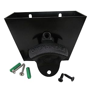 Bottle Opener Cast Iron Wall Mount and Stainless Steel Cap Catcher with Screws in Black - OPEN HERE Classic Mounted Vintage Style Home Bartender Restaurant Decor