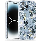 SCORPIFY for iPhone 15 Pro Max Case with Blue Nemophila Floral Design, Cute Clear Flower Phone Cover for Women Girls, [Non Yellowing] Slim Shockproof Bumper with Gold Accents