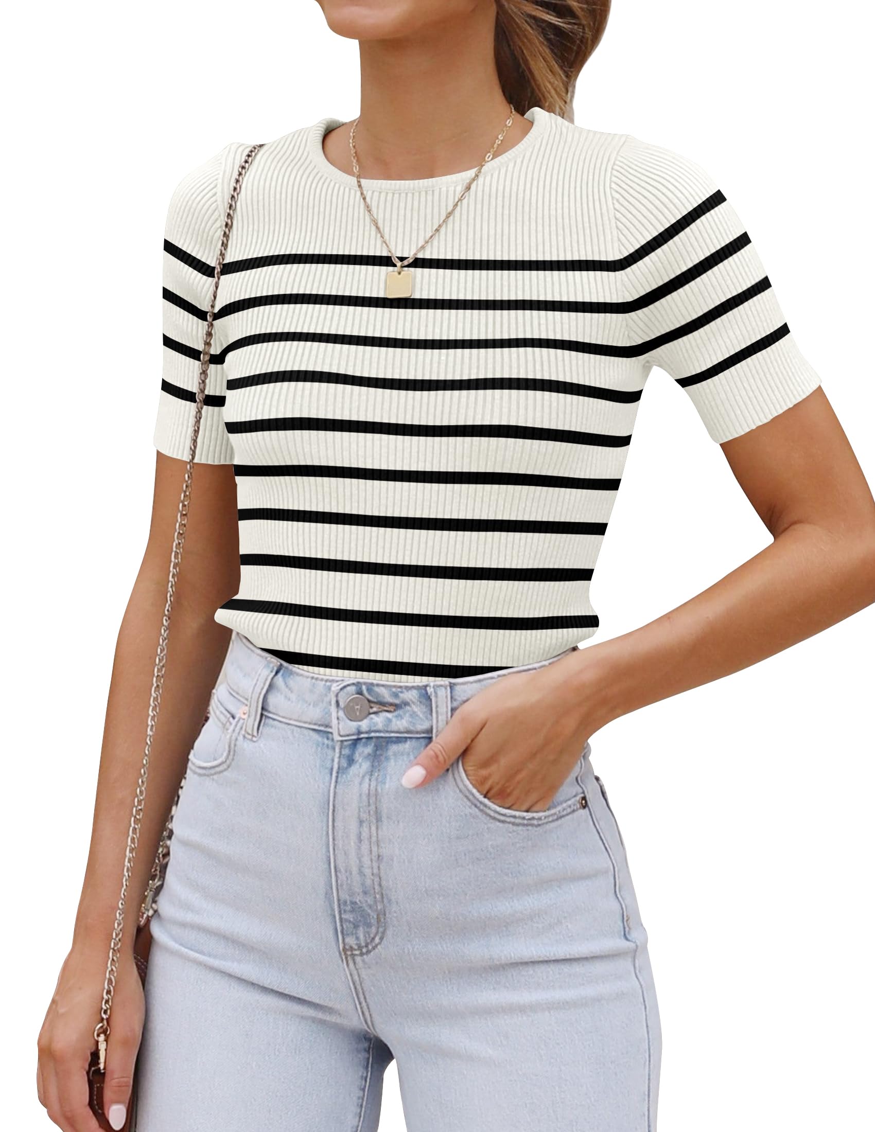 Photo 1 of ZESICA Women's Short Sleeve Crewneck Striped T Shirt 2025 Summer Ribbed Knit Slim Fit Casual Basic Tee Tops,White,Medium