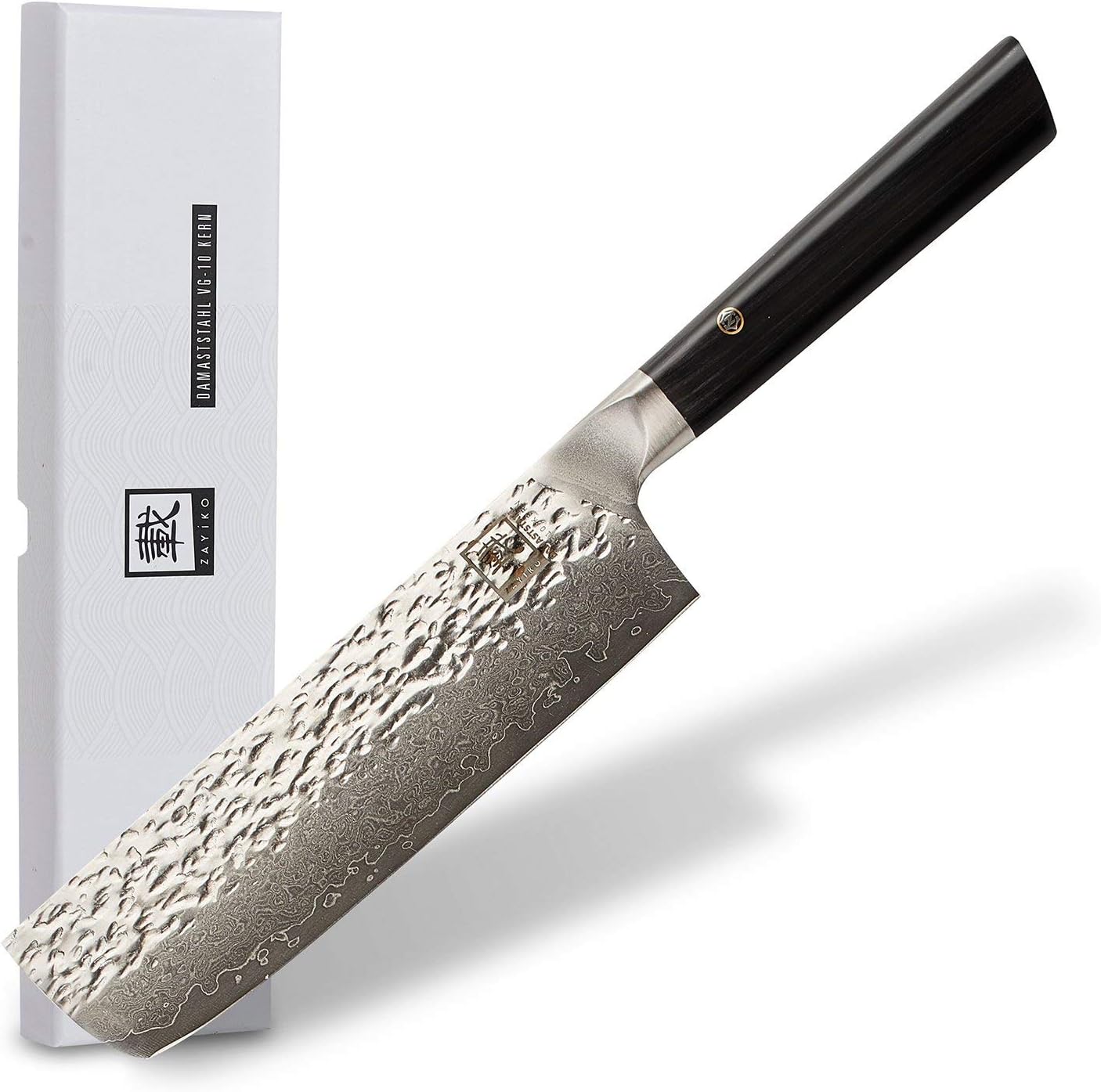 zayiko Kuro Damastmesser Nakirimesser, Klinge 18,00 cm Länge - sehr hochwertiges sehr scharfes Profi Nakirimesser mit Damastklinge und Pakkaholzgriff, Küchenmesser, Kochmesser