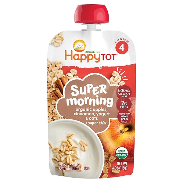 HAPPY TOT ORGANICS STAGE 4 BABY FOOD POUCHES, GLUTEN FREE, SUPER MORNING FRUIT & OAT BLEND, APPLE CINNAMON, YOGURT, OATS & CHIA, 4 OZ (PACK OF 1)