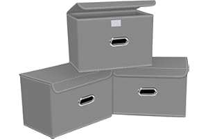 SEVENDOME Linen Fabric Foldable Collapsible Storage Cube Bin Organizer Basket with Lid, Leather Handles, Removable Divider for Home, Closet (Grey, 3Pcs)