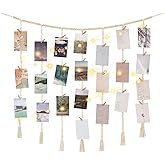Mkono Macrame Hanging Photo Display Wall Decor with String Lights, Boho Wooden Beads Garland Collage Picture Card Frame Holde