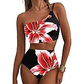 Herseas Women's High Waisted Bikini Sets One Shoulder Floral Print Swimsuits 2 Piece Tummy Control Bathing Suits