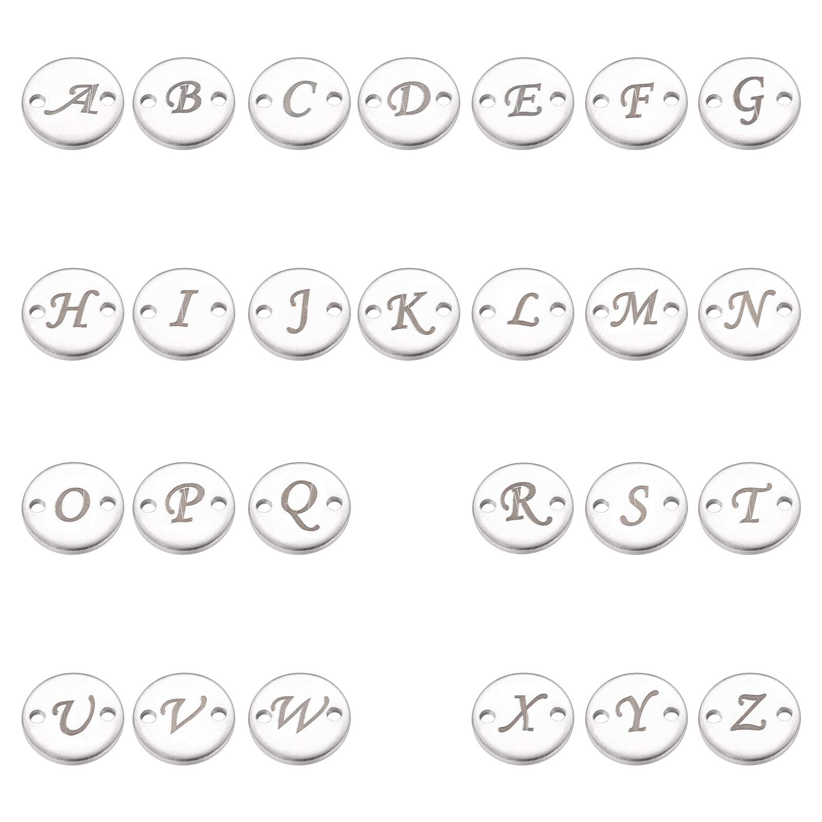 UNICRAFTALE 52pcs Stainless Steel Alphabet Link Charms Metal A-Z Letter Pendants Flat Round with Initial Letter Charms 1.2mm Hole Linking Connectors for Necklaces Bracelet Jewelry Making