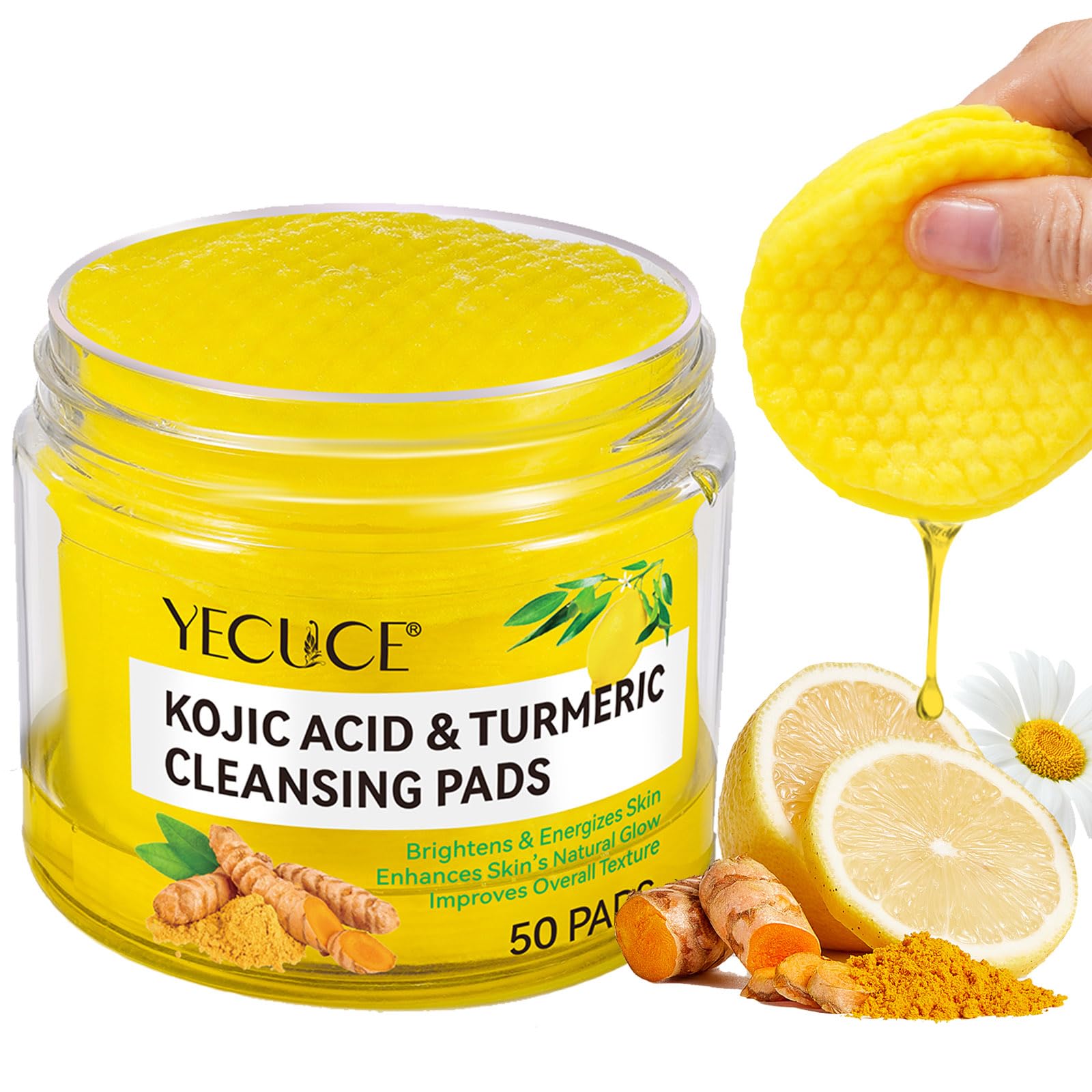 Kojic Acid and Turmeric Cleansing Pads, Exfoliating Face Pads Cleansing Cotton, Turmeric Pad - Exfoliating, Acne Scars, Unclog Pores with Chamomile, Lemon (50 count (Pack of 1))